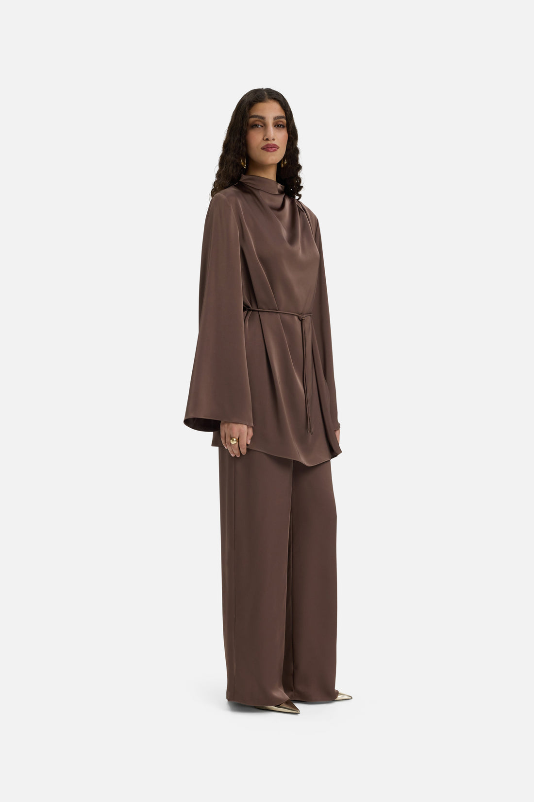 Asymmetric Pleat Blouse | Ash Brown