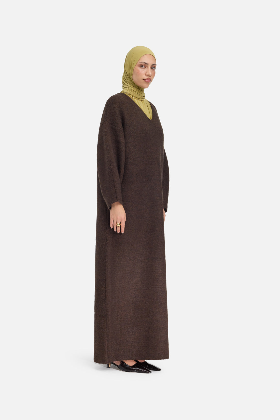 Brushed Tricot Col en V Robe | Dark Brown