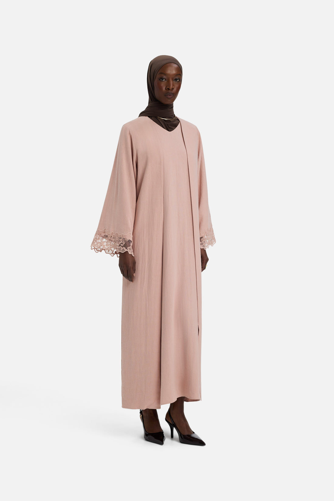 Dentelle Trim Abaya | Deep Rose