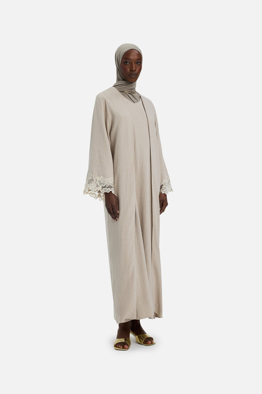 Dentelle Trim Abaya | Grey Sand