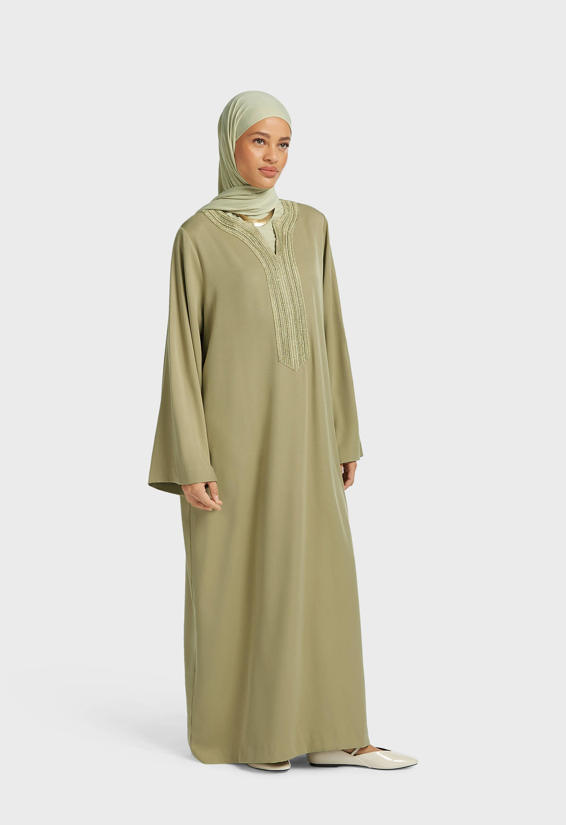 Lurex Brodé Robe Caftan | Grey Green