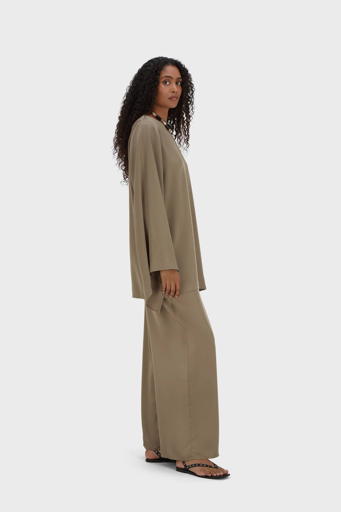 Satin Pantalon à Jambes Larges | Taupe